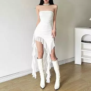 Весеннее женское однотонное облегающее платье с высокой талией и воротником-стойкой S белый