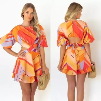 Весеннее женское платье А-силуэта с круглым вырезом и короткими рукавами, цветное, с рукавами-фонариками M