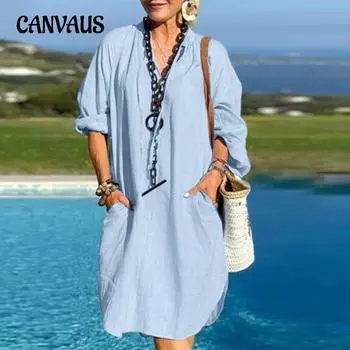 Весеннее женское платье больших размеров из хлопка и льна, однотонные платья с длинным рукавом и v-образным вырезом