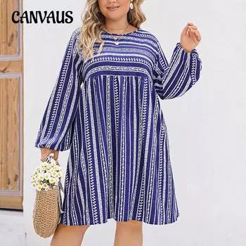 Весеннее женское платье больших размеров с длинными рукавами и полосатым принтом, темпераментное платье 1XL синий