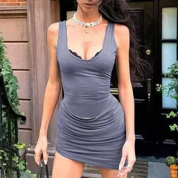 Весеннее женское платье Fashion Ethos Casual Slim-fit Плиссированное платье с карманом и поясом S чёрный