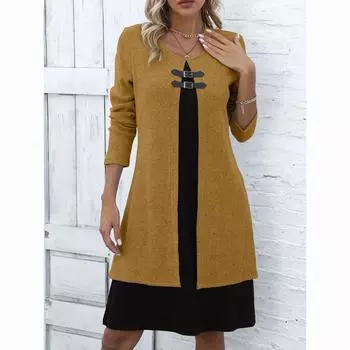 Весеннее женское платье из двух частей, А-силуэт, длинный рукав, свободный подол, круглый вырез, пряжка, украшение, трикотажное платье-миди мягкого цвета длиной до колена XXXL красный