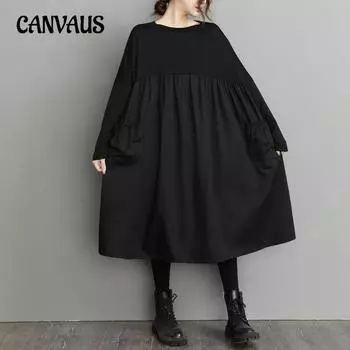 Весеннее женское платье, модель куклы с высокой талией, черные свободные ретро-платья больших размеров, женские платья с длинными рукавами L чёрный