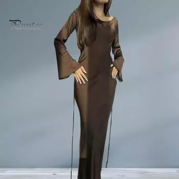 Весеннее женское платье, однотонное, с круглым вырезом, с длинным рукавом, атласное, длиной до пола, с узкой талией, мягкое дышащее вечернее платье, вечернее платье для выпускного вечера, макси-платье M коричневый