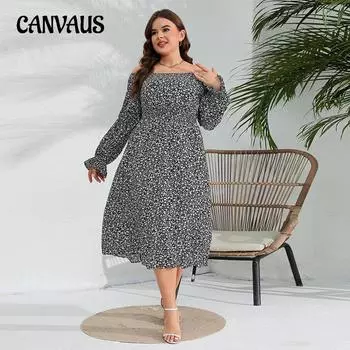Весеннее женское платье размера плюс с длинным рукавом с цветочным принтом и эластичной резинкой на талии Элегантное длинное платье с рюшами и рукавами 1XL чёрный