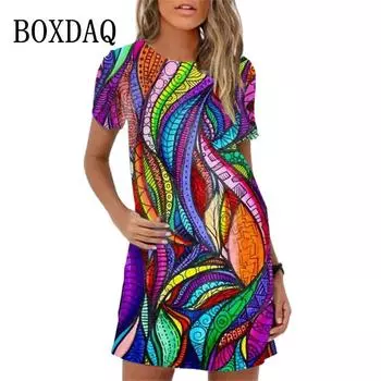 Весеннее женское платье с 3D-цветочным принтом и коротким рукавом, свободного покроя, с круглым вырезом, свободное мини-платье, лето 2024, новый женский сарафан S