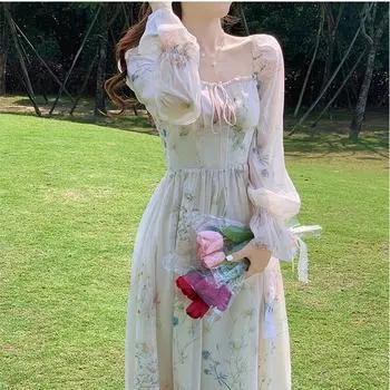 Весеннее женское платье с длинными рукавами и цветочным принтом, сладкий темперамент, первая французская любовь, нежный стиль, длинная юбка для похудения XL абрикосовый