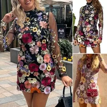 Весеннее женское платье с красочной цветочной вышивкой, кружевное прозрачное сетчатое платье с длинными рукавами, облегающее платье-футляр M абрикосовый