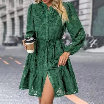 Весеннее женское платье с круглым вырезом, кружевной аппликацией, длинными рукавами, на пуговицах, со шнуровкой, на ремне, облегающее S темно-синий