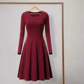 Весеннее женское платье с круглым вырезом и А-силуэтом, с длинным рукавом и большим подолом, платье миди, однотонное S вино красного