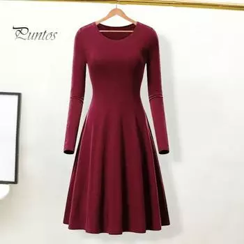 Весеннее женское платье с круглым вырезом, А-силуэтом, большим подолом, длинным рукавом, платье миди, однотонное свободное платье для повседневной жизни, свиданий, вечеринок S вино красного