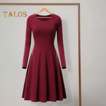 Весеннее женское платье с круглым вырезом, А-силуэтом, большим подолом, длинным рукавом, платье миди, однотонное свободное платье для повседневной жизни, свиданий, вечеринок S вино красного