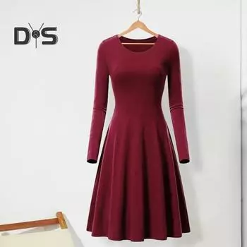 Весеннее женское платье с круглым вырезом, А-силуэтом, большим подолом, длинным рукавом, платье миди, однотонное свободное платье для повседневной жизни, свиданий, вечеринок S вино красного