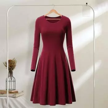 Весеннее женское платье с круглым вырезом, А-силуэтом, большим подолом, длинным рукавом, платье миди, однотонное свободное платье для повседневной жизни, свиданий, вечеринок S вино красного