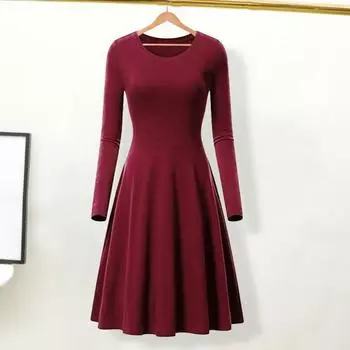 Весеннее женское платье с круглым вырезом, А-силуэтом, большим подолом, длинным рукавом, платье миди, однотонное свободное платье для повседневной жизни, свиданий, вечеринок S вино красного