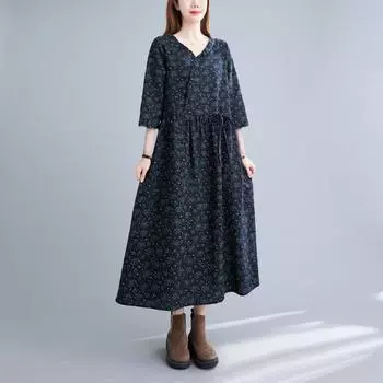 Весеннее женское платье с новым узором, длинное платье с цветами, свободная тонкая юбка больших размеров L серый