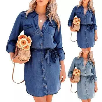 Весеннее женское платье с отложным воротником, однобортное, со шнуровкой на талии, длинными рукавами и нагрудными карманами, джинсовое платье для повседневной носки и свиданий L темно-синий