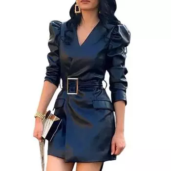 Весеннее женское платье с V-образным вырезом, поясом на талии, гладкая искусственная кожа, длинные рукава-фонарики, однотонное летнее платье для поездок на работу XL чёрный