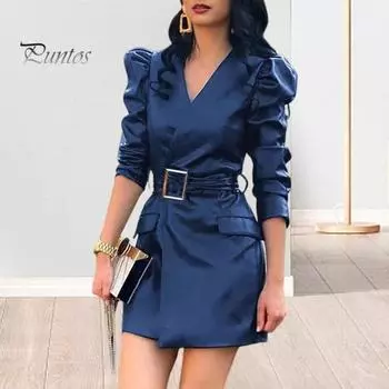 Весеннее женское платье с V-образным вырезом, поясом на талии, гладкая искусственная кожа, длинные рукава-фонарики, однотонное мини-платье для офиса и шопинга XL зелёный