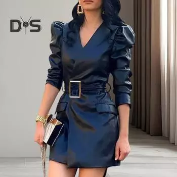 Весеннее женское платье с V-образным вырезом, поясом на талии, гладкая искусственная кожа, длинные рукава-фонарики, однотонное мини-платье для офиса и шопинга XL чёрный