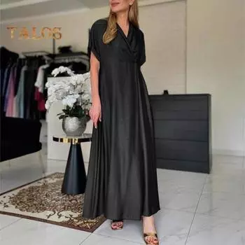 Весеннее женское платье с V-образным вырезом и коротким рукавом, свободное А-силуэта, чистое цветное платье макси длиной до щиколотки, плиссированное платье для выпускного вечера, вечеринки, свидания S фиолетовый