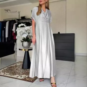 Весеннее женское платье с V-образным вырезом и коротким рукавом, свободное А-силуэта, чистое цветное платье макси длиной до щиколотки, плиссированное платье для выпускного вечера, вечеринки, свидания M фиолетовый