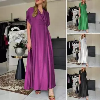 Весеннее женское платье с V-образным вырезом и коротким рукавом, свободное А-силуэта, чистое цветное платье макси длиной до щиколотки, плиссированное платье для выпускного вечера, вечеринки, свидания M чёрный
