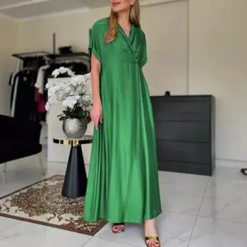 Весеннее женское платье с V-образным вырезом и коротким рукавом, свободное А-силуэта, чистое цветное платье макси длиной до щиколотки, плиссированное платье для выпускного вечера, вечеринки, свидания L фиолетовый