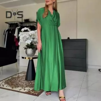 Весеннее женское платье с V-образным вырезом и коротким рукавом, свободное А-силуэта, чистое цветное платье макси длиной до щиколотки, плиссированное платье для выпускного вечера, вечеринки, свидания M белый