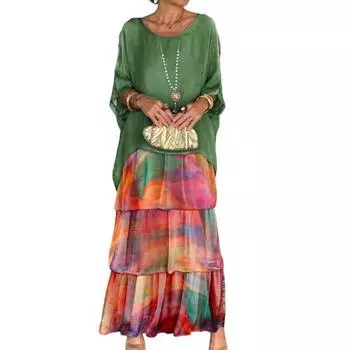 Весеннее женское платье, свободное O-образное двухсекционное платье с рукавом «летучая мышь», имитация три четверти, многослойный подол с принтом M синий