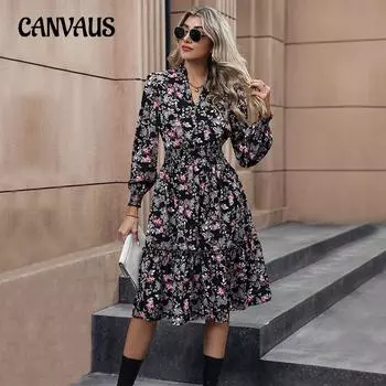 Весеннее женское платье Темперамент Элегантное платье с длинным рукавом и цветочным принтом S чёрный