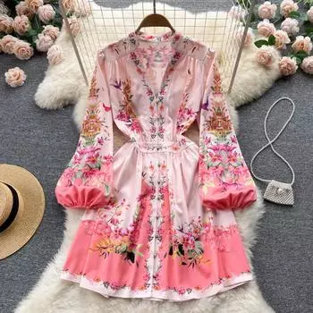 Весеннее женское платье трапециевидной формы 2022, розовое модное платье с v-образным вырезом и принтом на талии, дизайн меньшинства