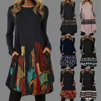 Весеннее женское платье в этническом стиле с принтом в уличном стиле, высококачественный пуловер с длинными рукавами S