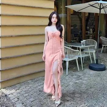 Весеннее женское платье в стиле светской львицы, элегантное облегающее платье с цветочным разрезом и оборками S красный