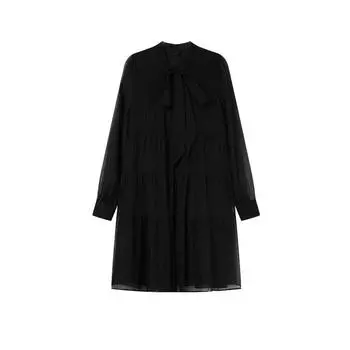 Весеннее женское плиссированное платье со шнуровкой и бантом, с длинными рукавами и средней длиной, с текстурой темперамента S чёрный