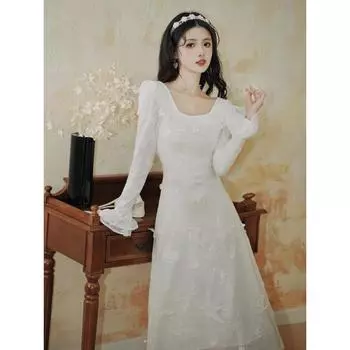 Весеннее женское ретро-романтическое платье с объемным квадратным воротником и бабочкой S белый