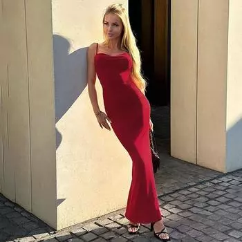 Весеннее женское сексуальное облегающее платье с бретелью через шею с лямкой через шею, однотонное платье S красный