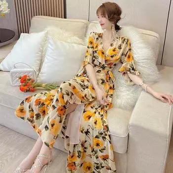 Весеннее женское шифоновое платье, выполненное на заказ, с французским винтажным принтом и расклешенным подолом, подчеркивающим талию и утягивающим эффект. M