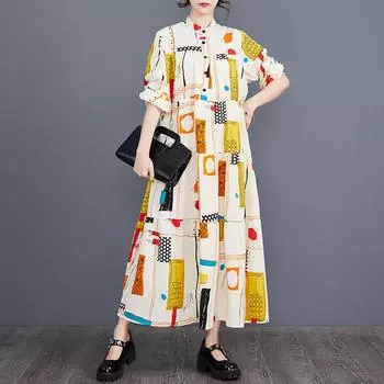 Весеннее женское свободное платье большого размера, винтажные платья на пуговицах с длинными рукавами One Size