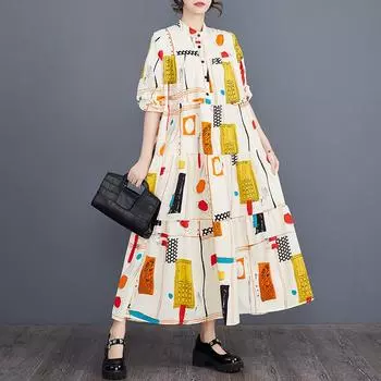 Весеннее женское свободное платье большого размера, винтажные платья на пуговицах с длинными рукавами One Size