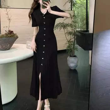 Весеннее женское темпераментное платье с отложным воротником и коротким рукавом, женское однобортное тонкое платье средней длины, большие размеры L чёрный