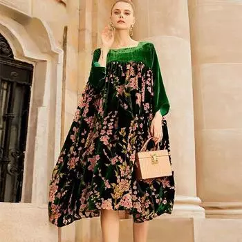 Весеннее золотое бархатное жаккардовое женское длинное платье винтажное свободное женское платье с принтом M зелёный