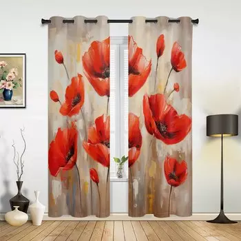 Весенние акварельные цветы мака, растения, занавески для гостиной, роскошные занавески для спальни, кухонные жалюзи, шторы 135W x 60H(cm) x1