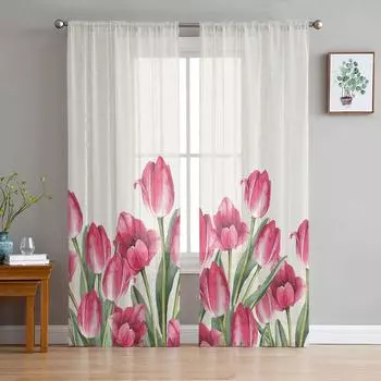 Весенние акварельные цветы тюльпаны тюлевые шторы для гостиной спальни вуаль прозрачная занавеска на окно домашний декор шторы 135W x 114H(cm)