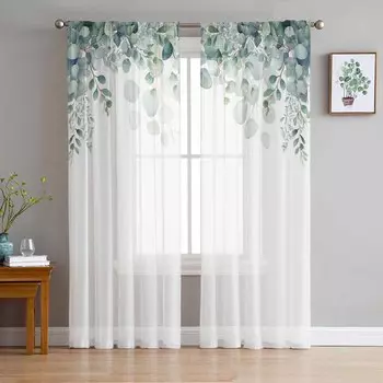 Весенние акварельные растения Листья эвкалипта Прозрачные шторы для украшения гостиной Шторы на окна Кухонные шторы из тюля Вуаль W135 x H115cm x1