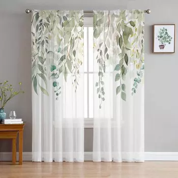 Весенние акварельные растения Листья эвкалипта Прозрачные шторы для украшения гостиной Шторы на окна Кухонные шторы из тюля Вуаль W135 x H115cm x1