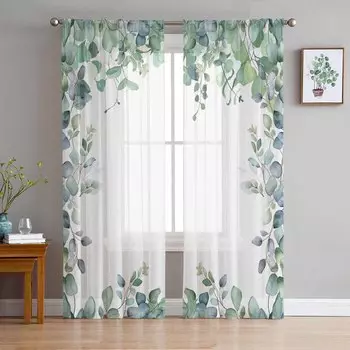 Весенние акварельные растения Листья эвкалипта Прозрачные шторы для украшения гостиной Шторы на окна Кухонные шторы из тюля Вуаль W135 x H115cm x1