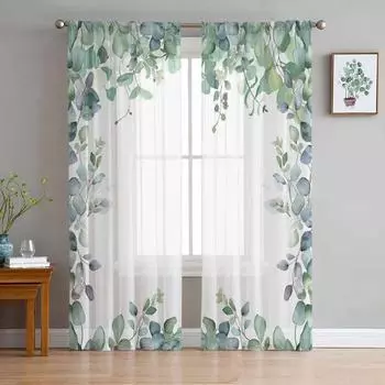 Весенние акварельные растения листья эвкалипта прозрачные шторы для украшения гостиной оконные занавески для кухни тюль вуаль шторы W135 x H115cm x1&Rod Pocket