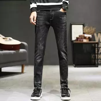 Весенние эластичные джинсы, мужские облегающие брюки на небольшую ногу, модные черные прямые мужские брюки-трубы, модный весенний стиль 28