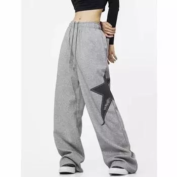Весенние эластичные талии, прямые широкие брюки, модные женские повседневные длинные брюки больших размеров, 2024, свободные женские брюки на шнурке 30752 M серый